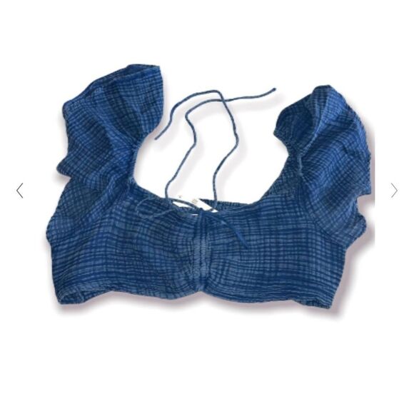 Anthropologie THE JERRY CINCHED Crop TOP Ruffled Cap Sleeve in Blue - Picture 7 of 7